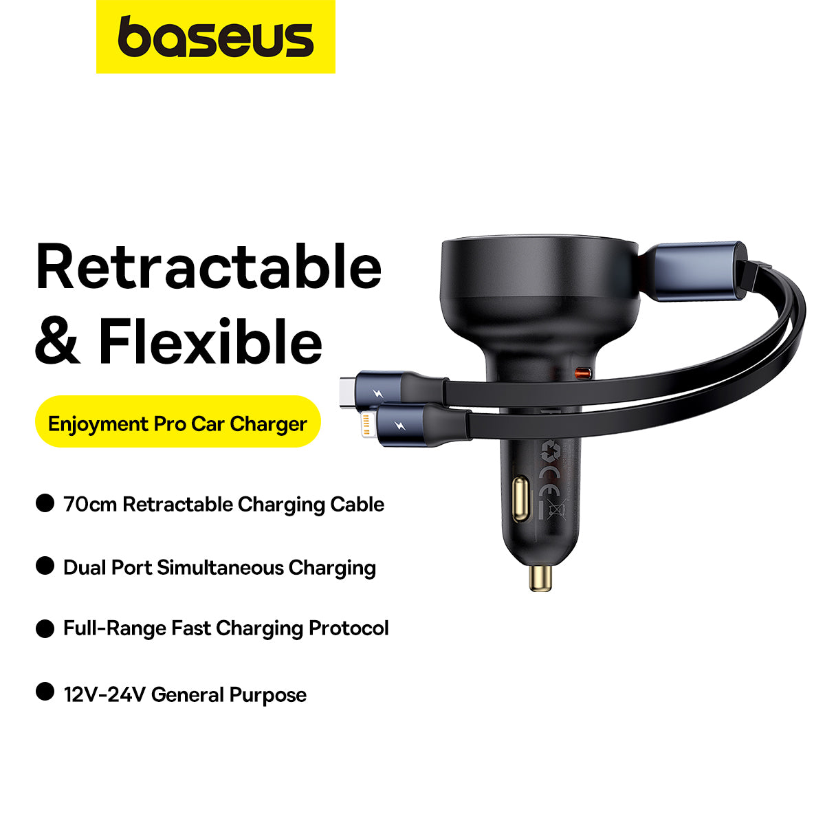 Baseus Enjoyment Pro 60W Car Charger Retractable C & iP Cable