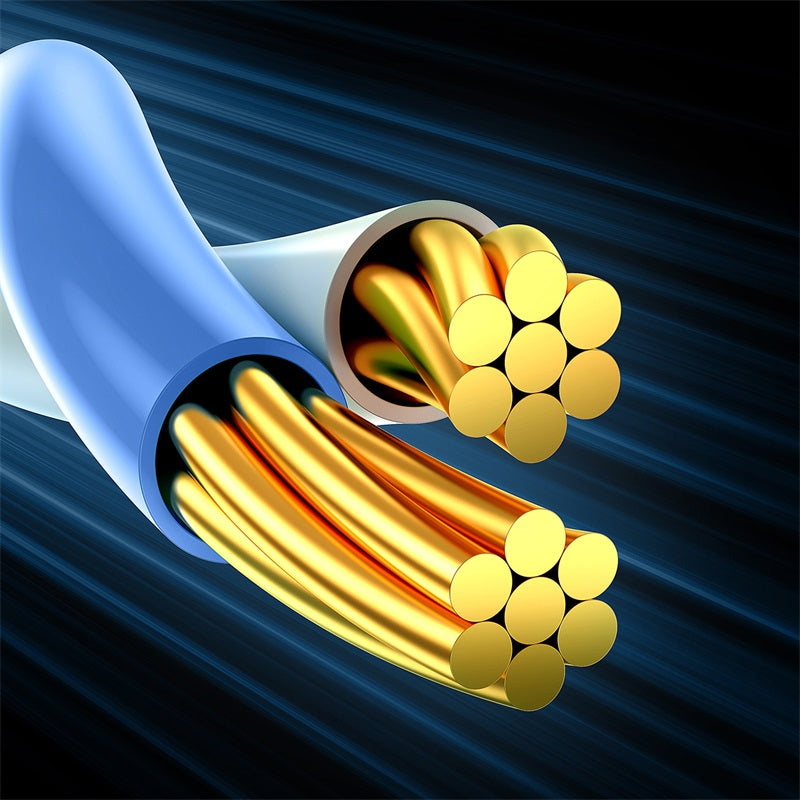 A 3D render of a blue and white cable with multiple strands of shiny gold copper inside, set against a dark blue background with light streaks.
