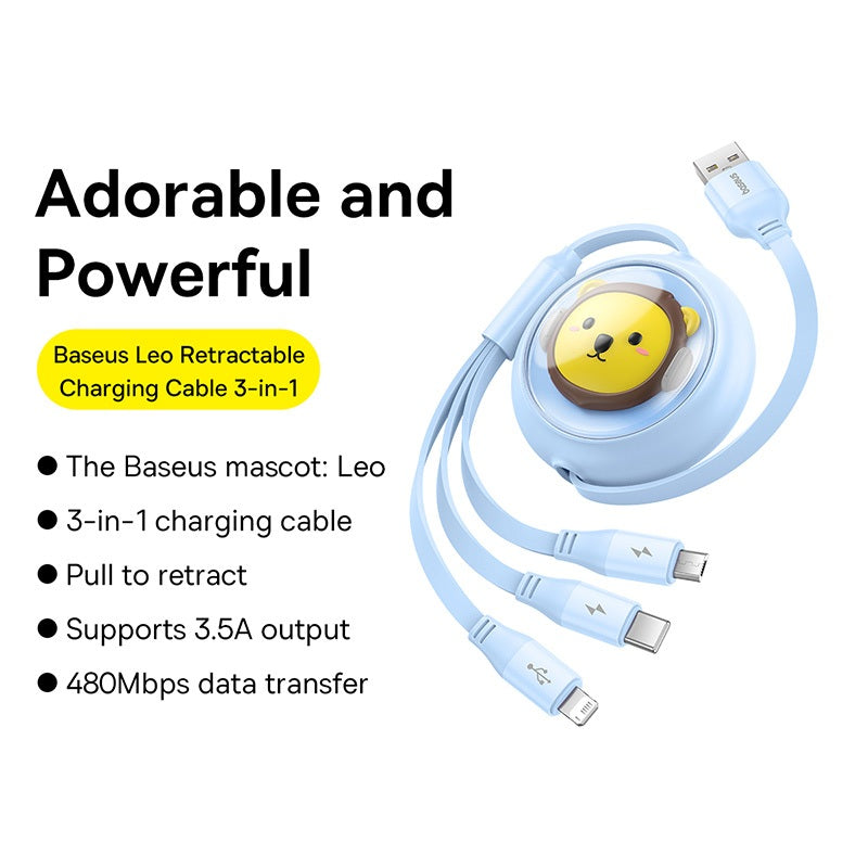 Baseus Leo Retractable Charging Cable 3-in-1 USB to M+L+C 3.5A