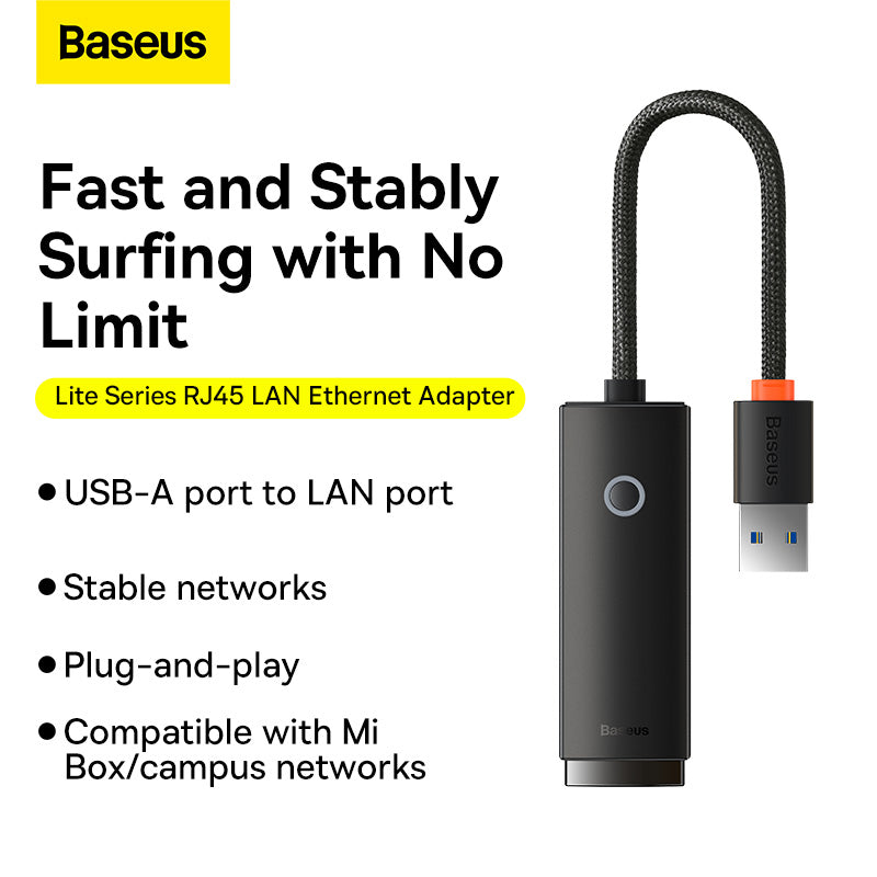 Baseus Lite Series Ethernet Adapter USB-A to RJ45 LAN Port (1000Mbps) Black