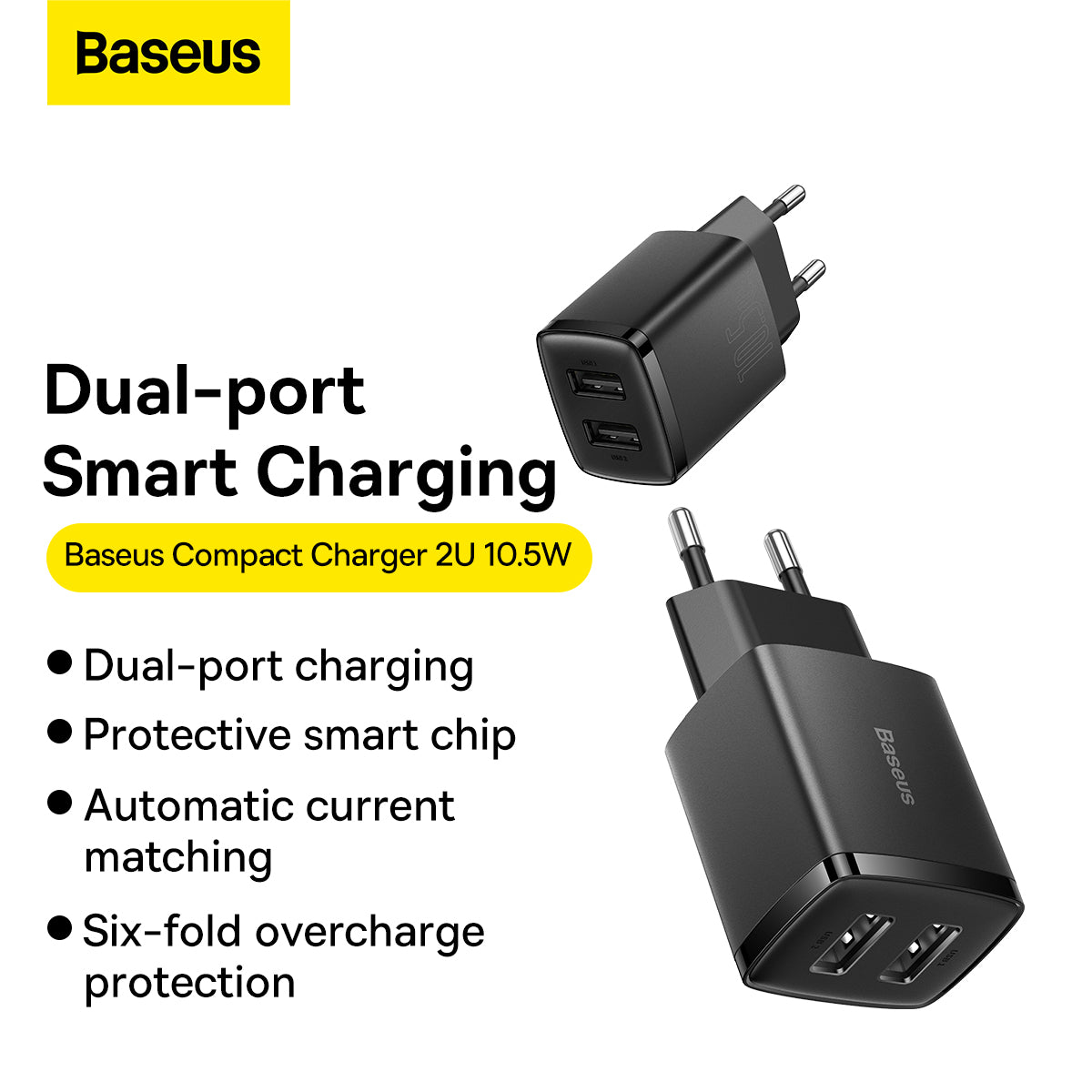 Baseus Compact Quick Dual-Port Charger 10.5W, 2x USB Type-A