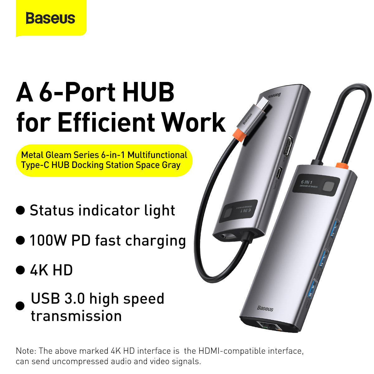 Baseus Metal Gleam Series 6 in 1 Multifunctional HDMI and RJ45 Type C Hub Silver