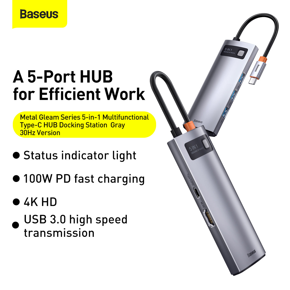 Baseus Metal Gleam Series 5-in-1 Multifunctional Type-C HUB Docking Station Silver