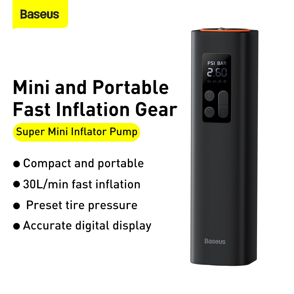 Baseus Super Mini Inflator Series Car and Bicycle 12V 10A Pump Black