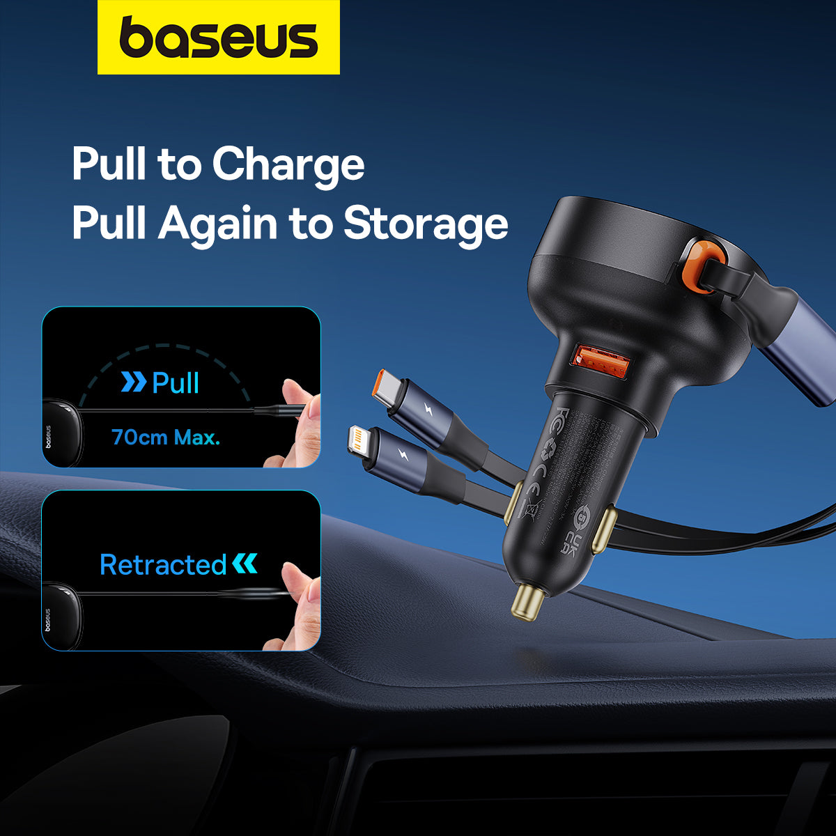 Baseus car charger with retractable cable on a blue background