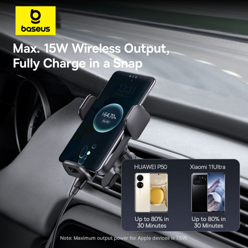 Baseus car phone holder with wireless charging feature in a car interior.
