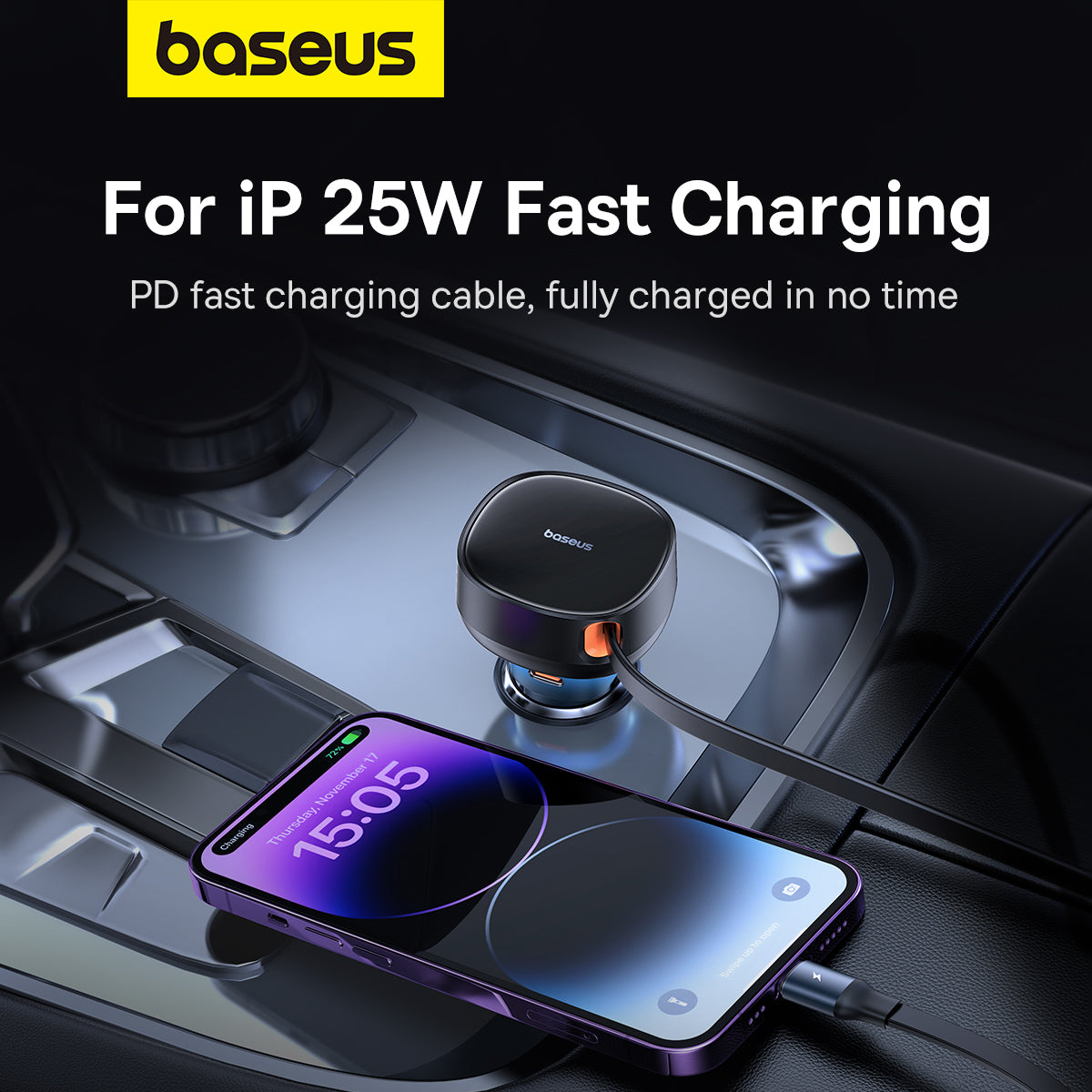 Baseus car charger with phone on a car dashboard, featuring text about 25W fast charging.