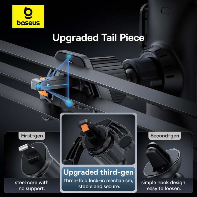 Baseus upgraded car air vent mount with detailed diagram of lock-in mechanism