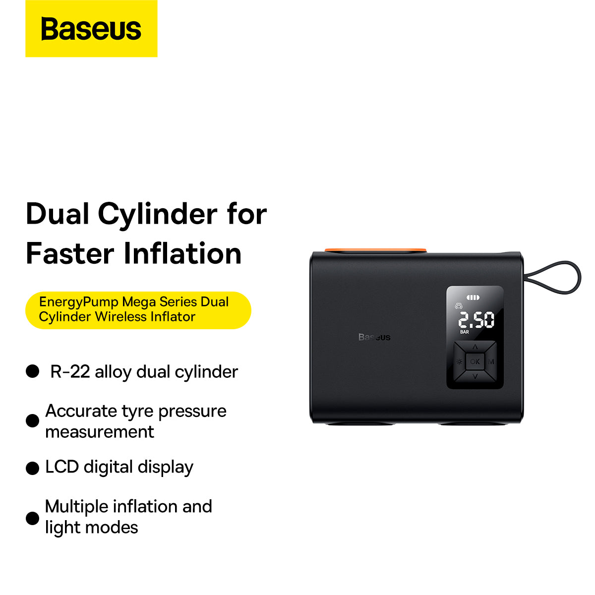 Baseus Mega Energy Pump Series Dual Cylinder Wireless Inflator Car Pump Black