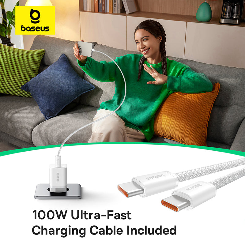 Baseus GaN5 Fast Charger (mini) 1C 25W - Moon White (Dynamic 3 Cable Type-C to Type-C 100W 1m）