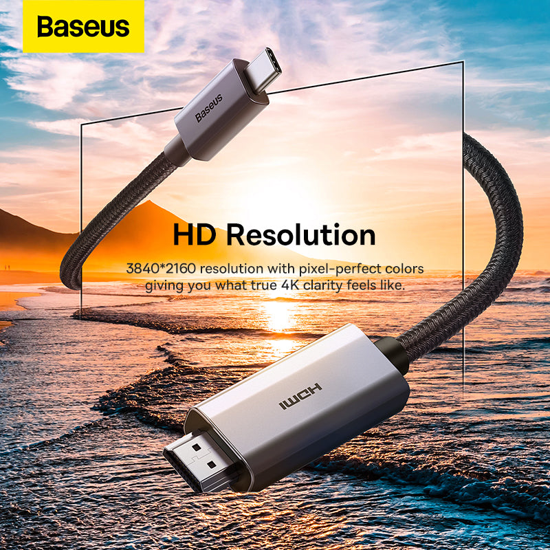 Baseus HDMI cable with sunset landscape in the background