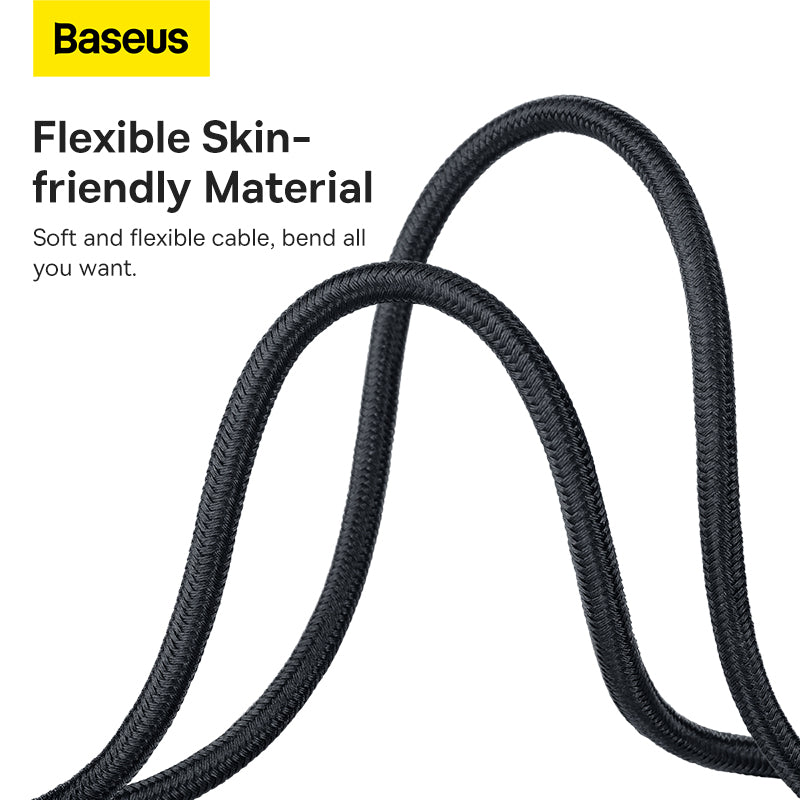 Black cable with Baseus branding and text about flexible skin-friendly material on a white background
