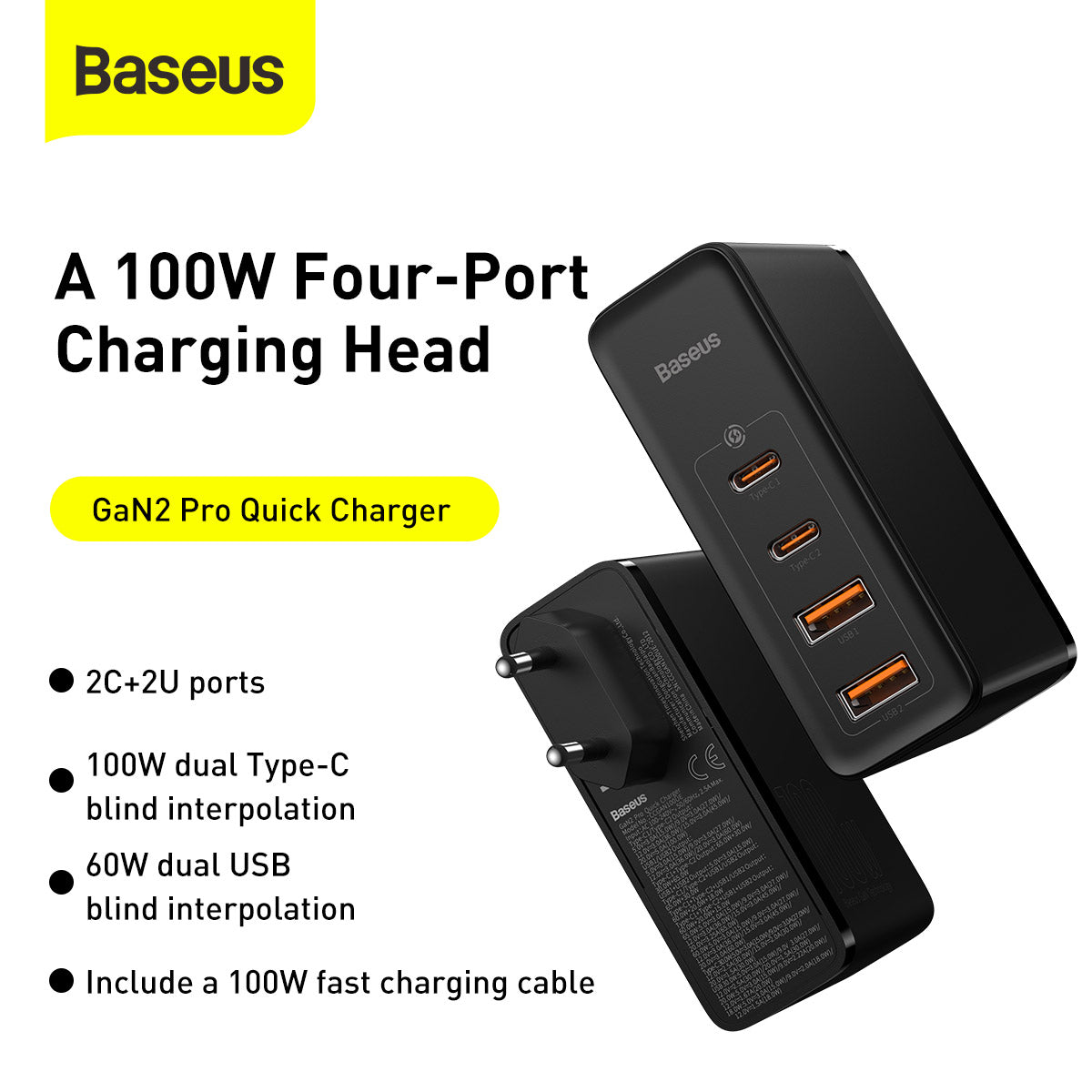 Baseus GaN2 Pro 100W Quick Charger with 4 Ports, 2 USB-C + 2 USB EU