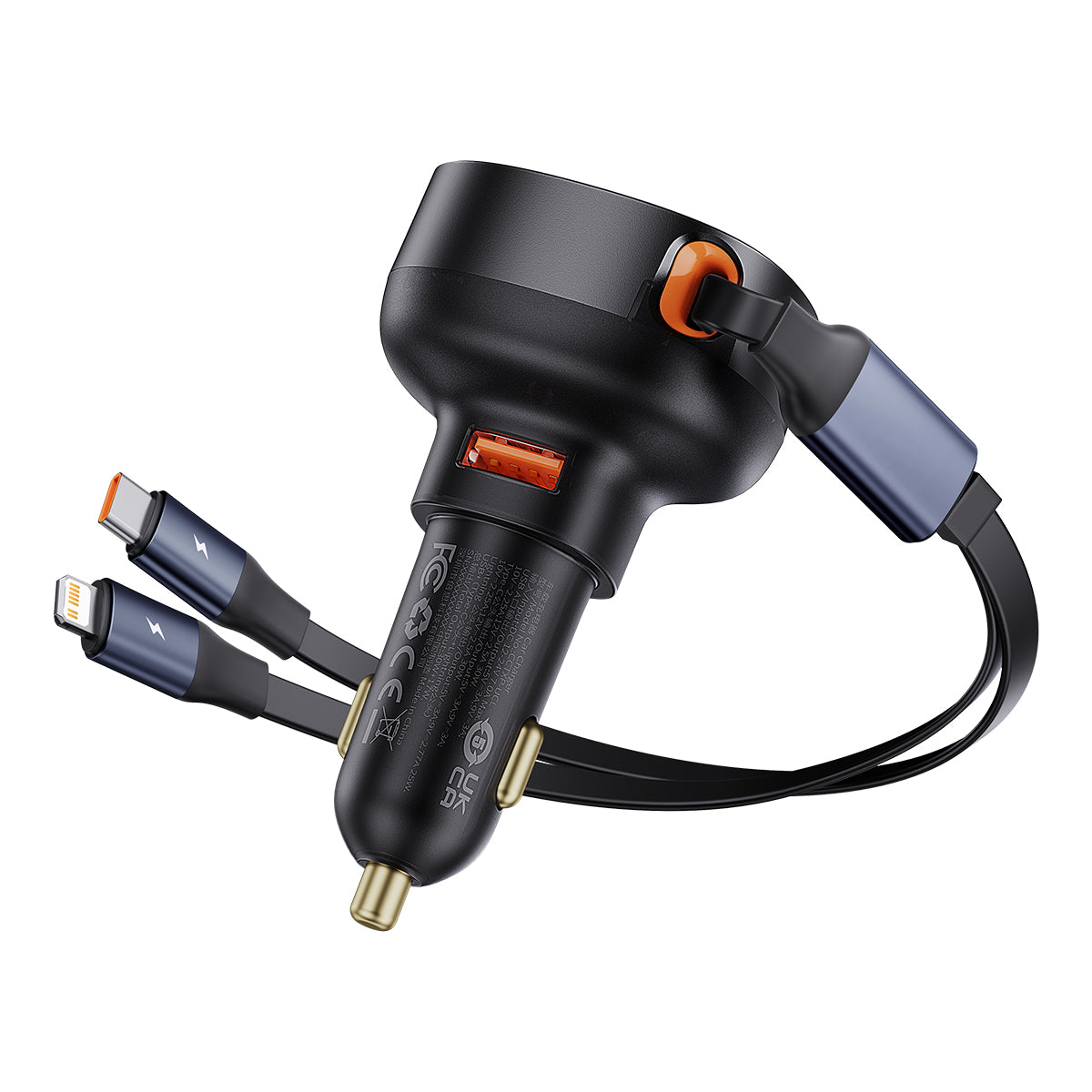 Black multi-port car charger with various connectors on a white background