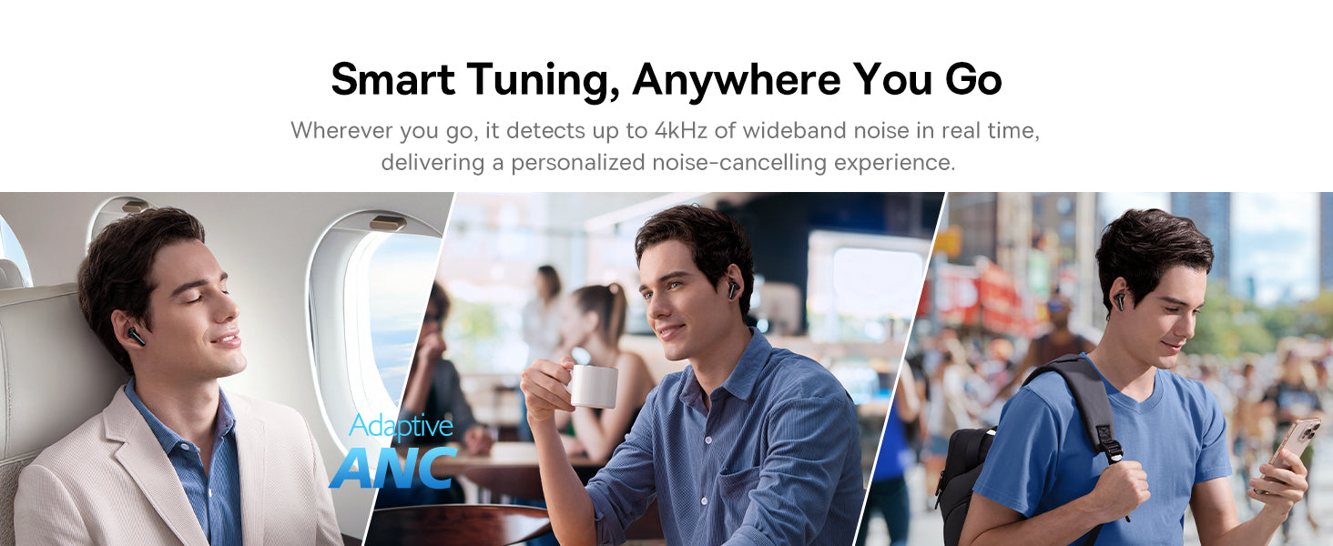 Advertisement for noise-cancelling technology with people in various settings.