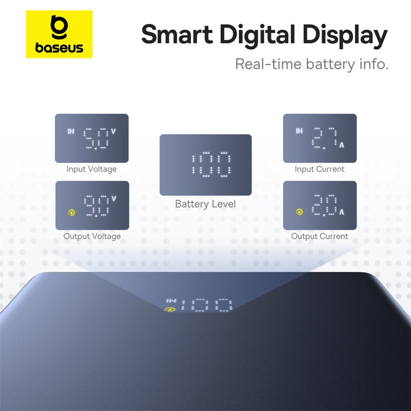 Baseus smart digital display with various readings on a white background