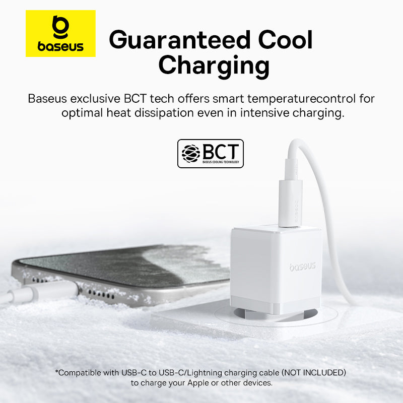 Baseus charging adapter with smartphone on a white background, featuring 'Guaranteed Cool Charging' text.