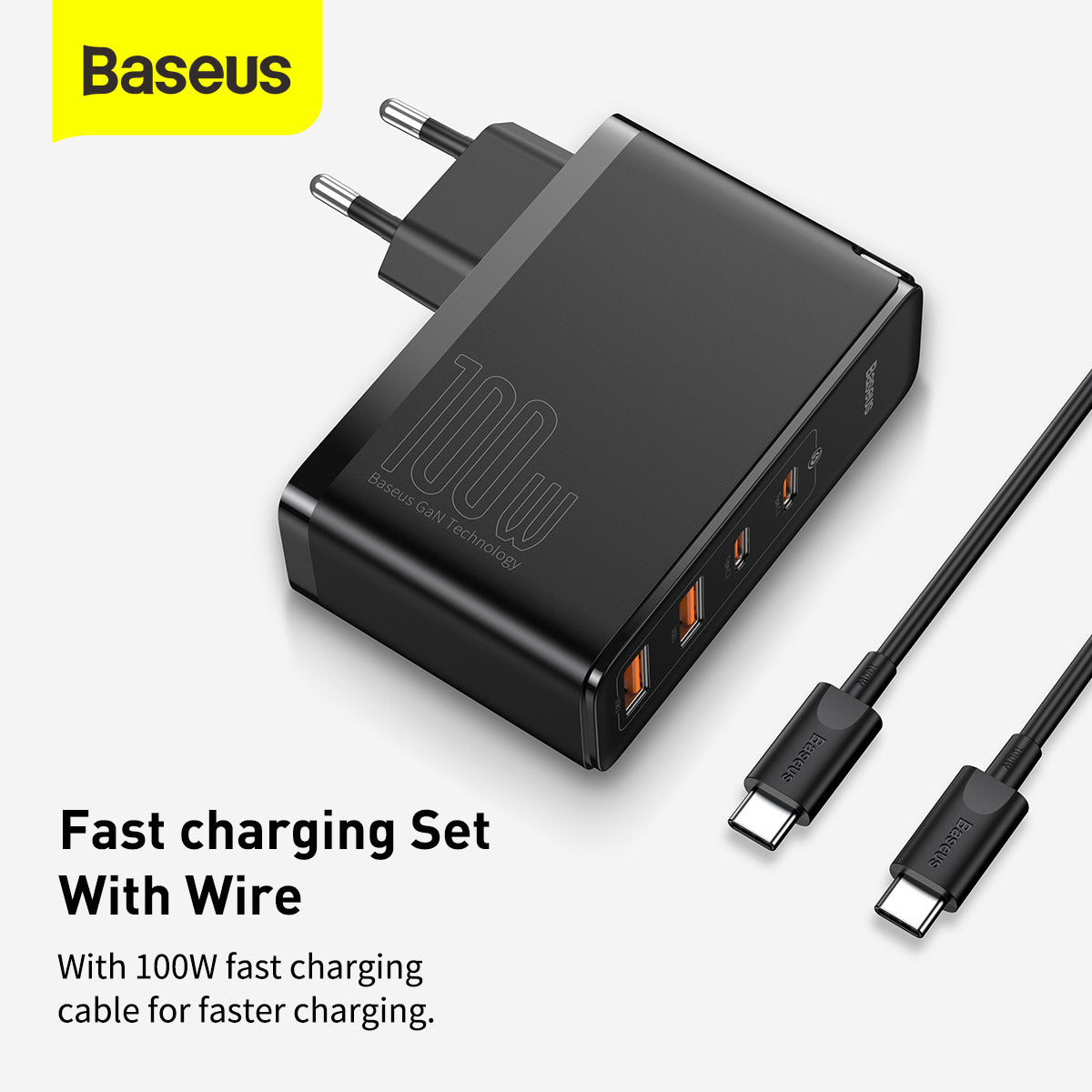 Baseus GaN2 Pro 100W Quick Charger with 4 Ports, 2 USB-C + 2 USB EU