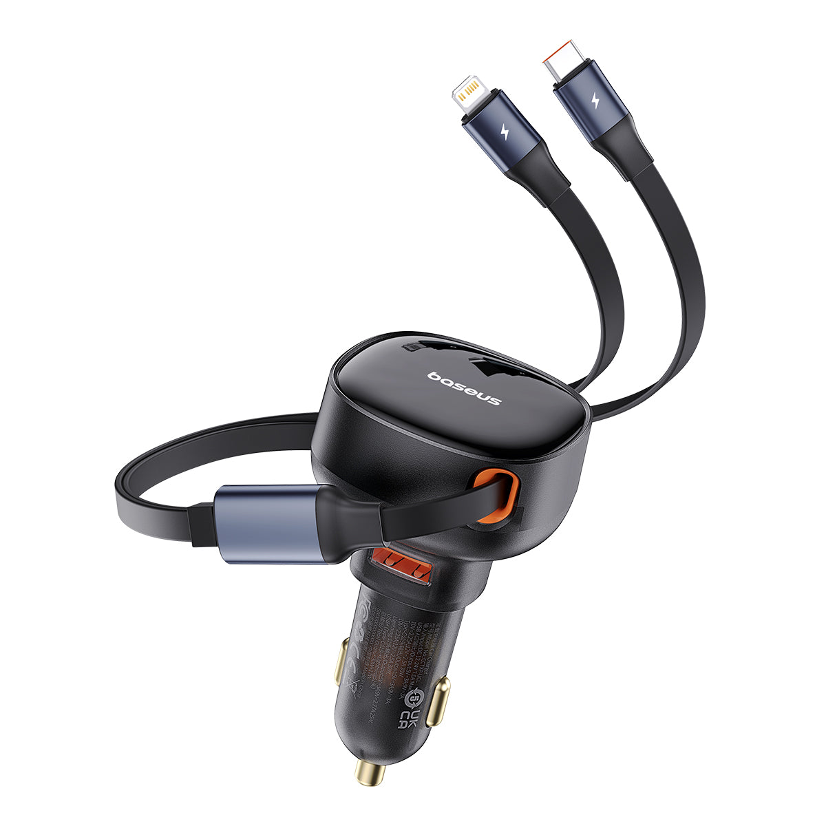 Car charger with multiple cable outputs on a white background
