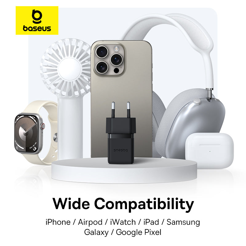 Baseus branded electronic accessories including a phone, watch, headphones, and charger on a white background.
