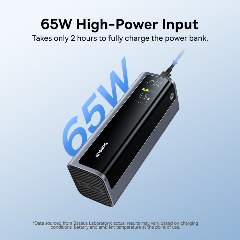 Power bank with 65W high-power input on a light blue background