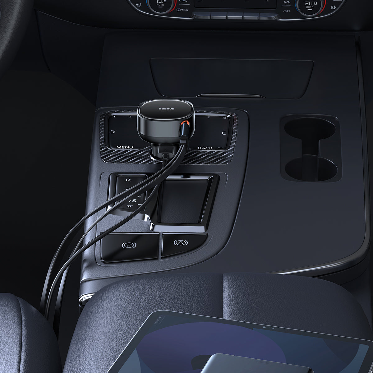 Car dashboard with a smartphone mount and charging cable