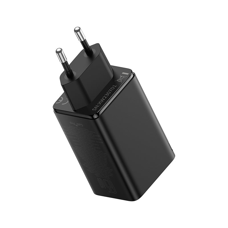 Black power adapter on a white background