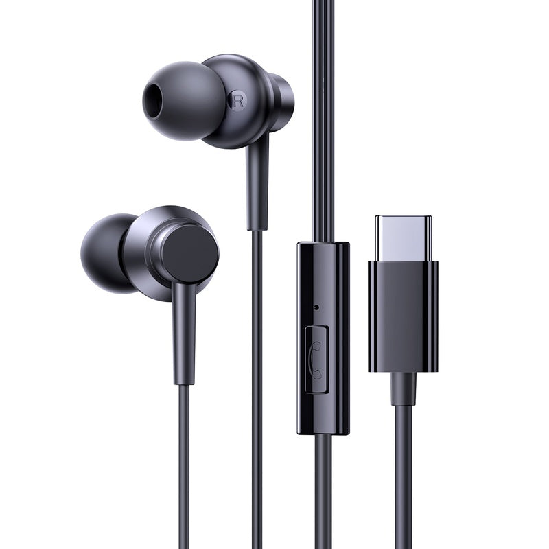 Black earphones with USB-C connector on a white background