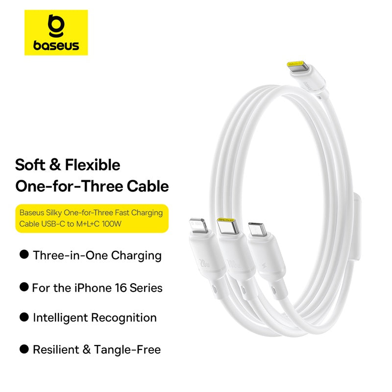 Baseus white silicone one-for-three charging cable with Lightning, USB-C, and USB-C connectors, shown on a white background with product text and the yellow Baseus logo.