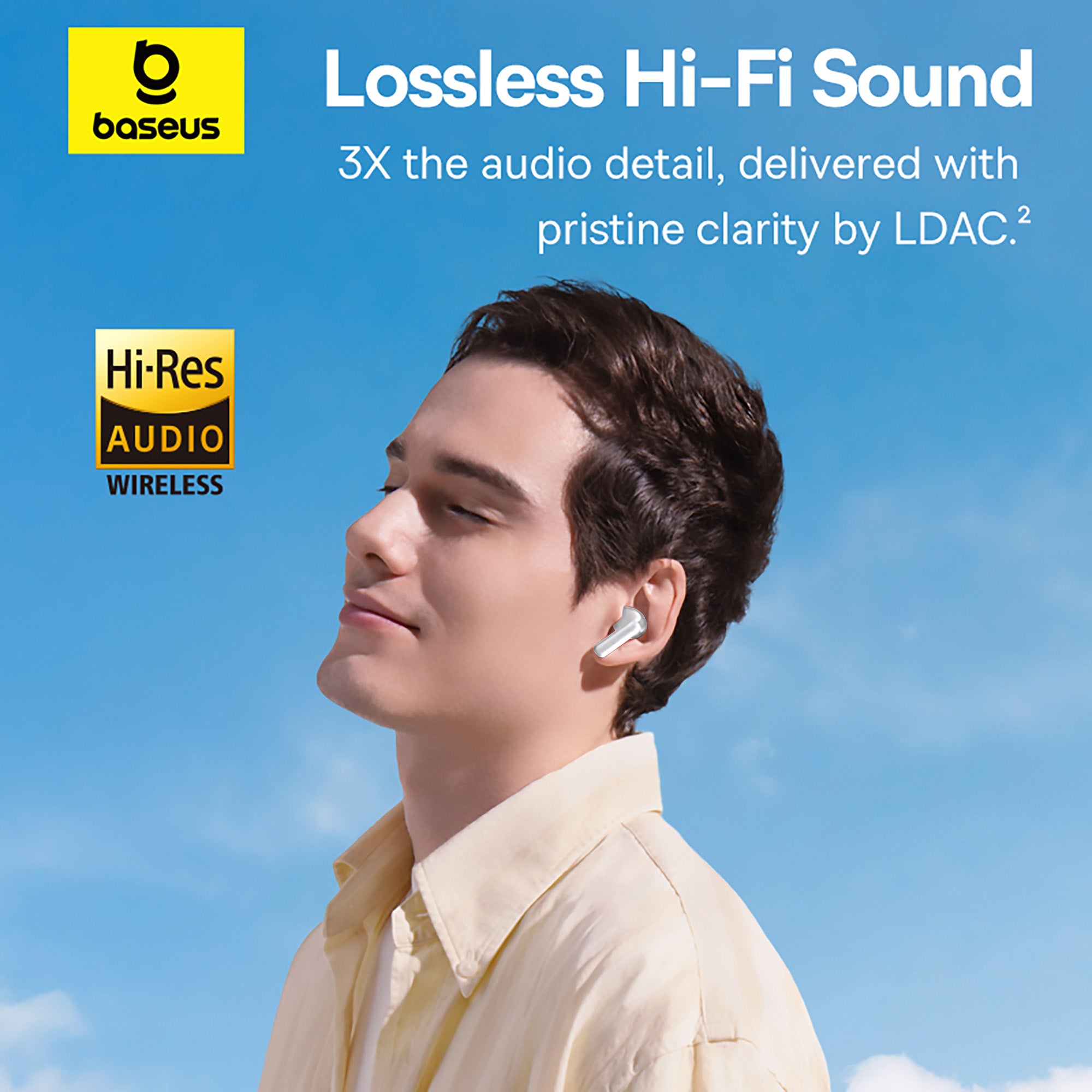 A man wearing white wireless earbuds against a bright blue sky background, with promotional text reading 'Lossless Hi-Fi Sound' and Baseus branding plus a HiRes Audio Wireless badge.