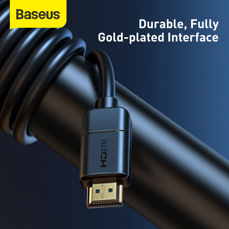 Baseus HDMI cable connector with a gold-plated interface, shown coiled on a dark blue background with promotional text 'Durable, Fully Gold-plated Interface'.