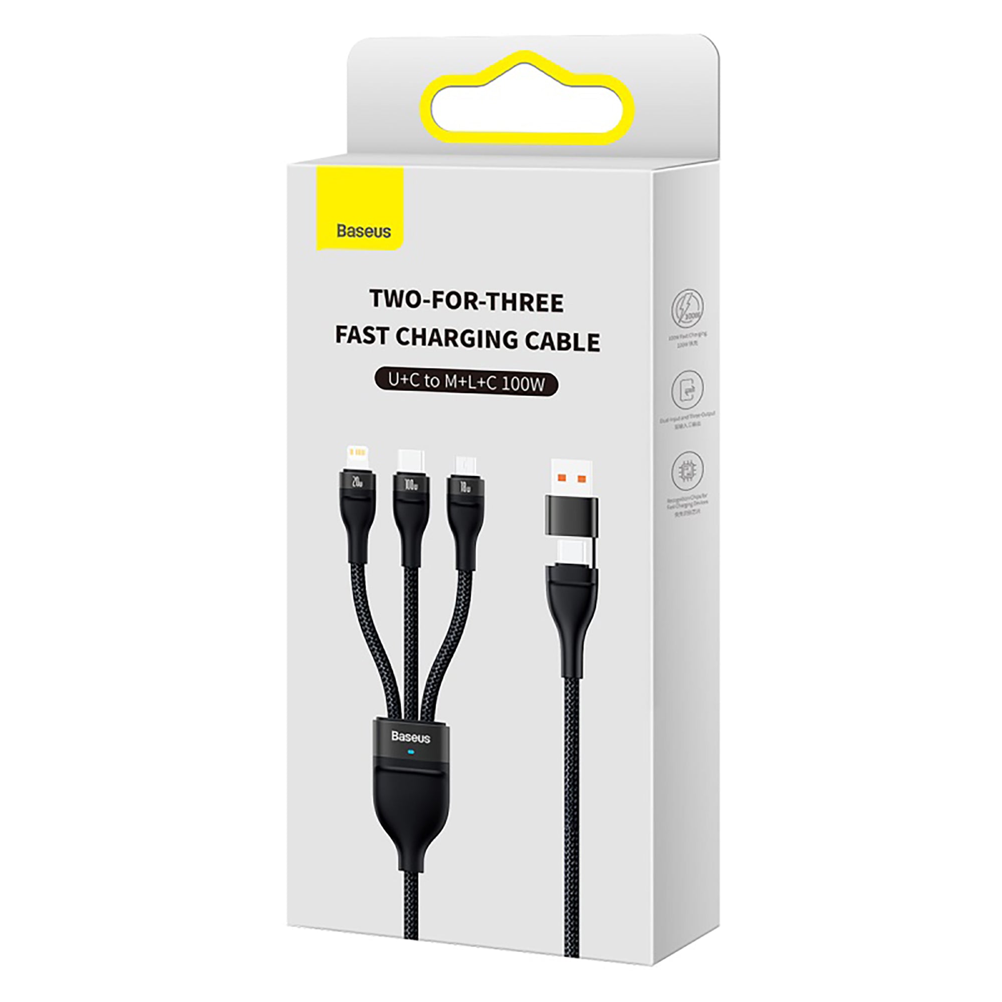 Packaged two-for-three fast charging cable with Baseus branding on a white background
