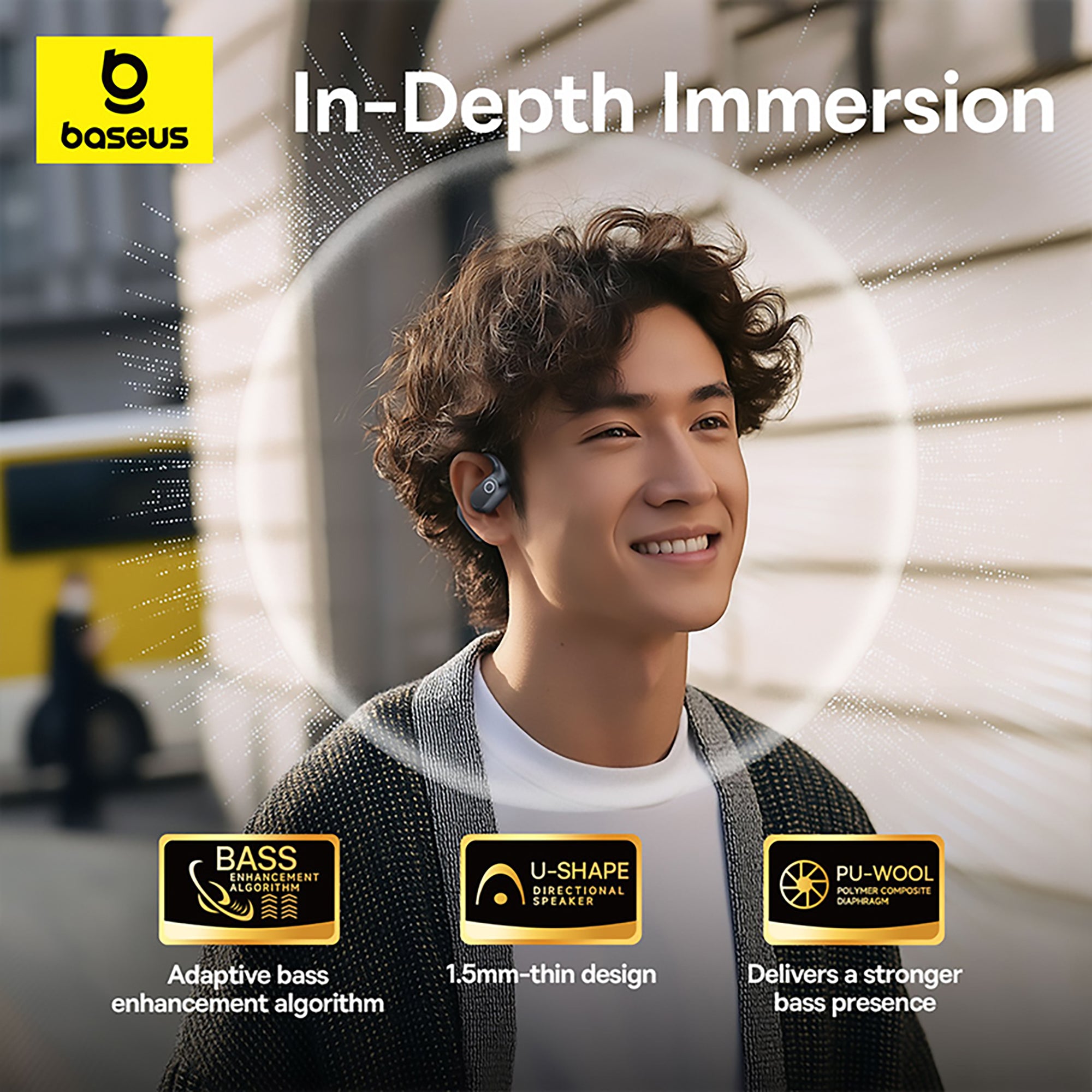 Person wearing wireless earbuds with Baseus branding and product features displayed.