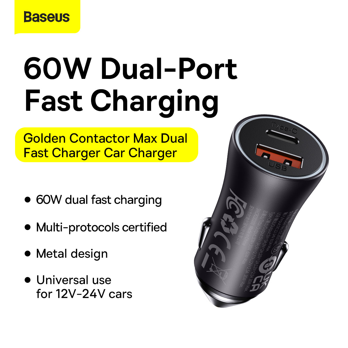 Baseus Golden Contactor Max Dual Fast Car Charger USB and Type-C 60W Black