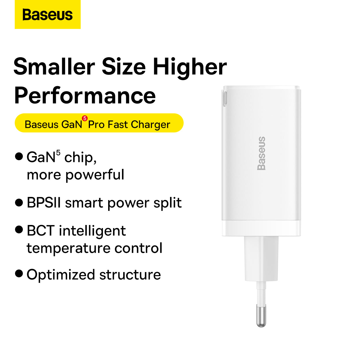 Baseus GaN5 Pro 65W Fast Charger with 3 Ports, 2 USB-C + USB-A EU - White