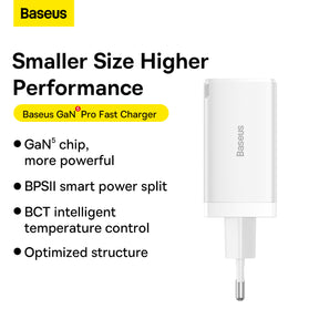 Baseus GaN5 Pro 65W Fast Charger with 3 Ports, 2 USB-C + USB-A EU - White