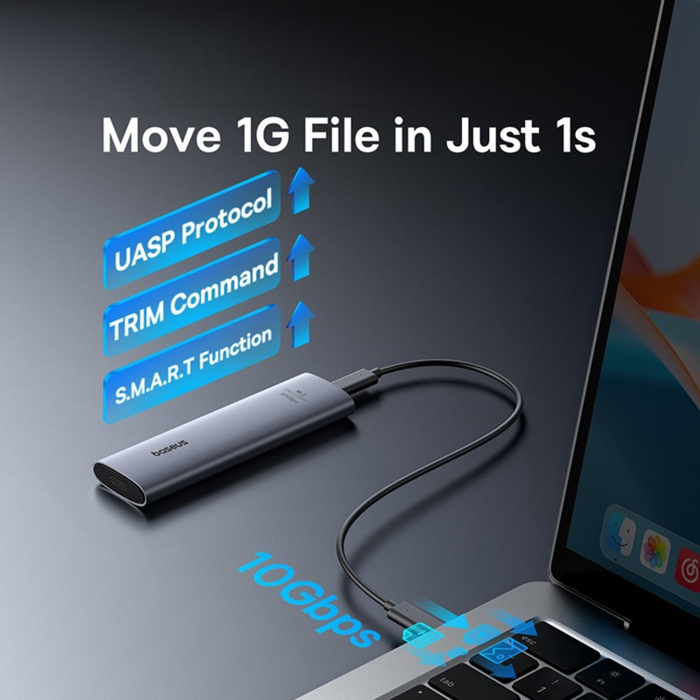 Baseus NVMe SSD enclosure connected to a laptop