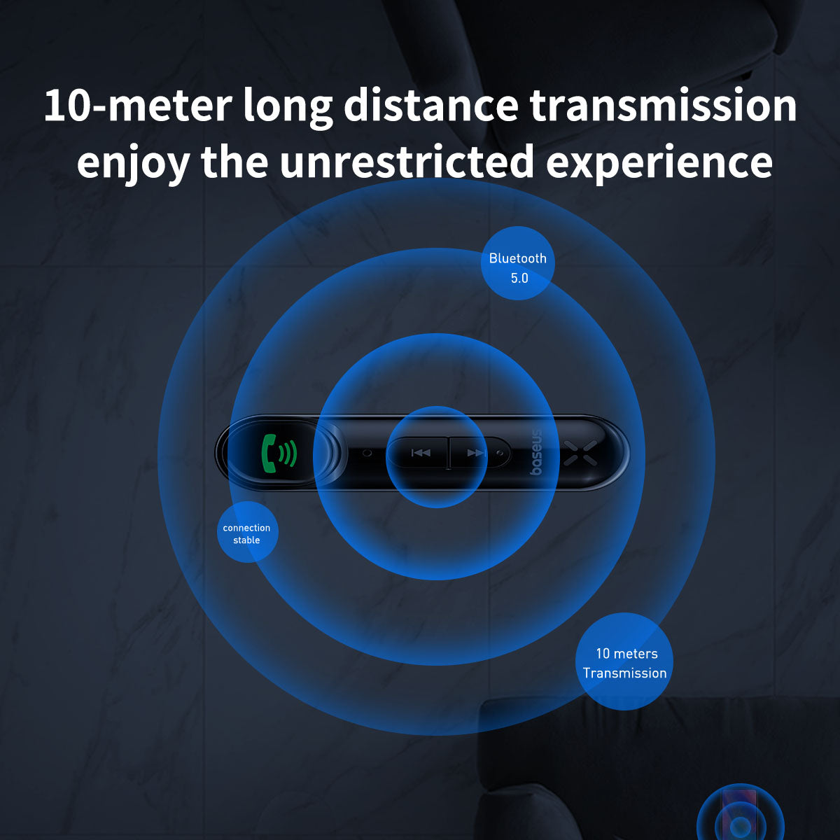 Bluetooth device with 10-meter long distance transmission feature on a dark background