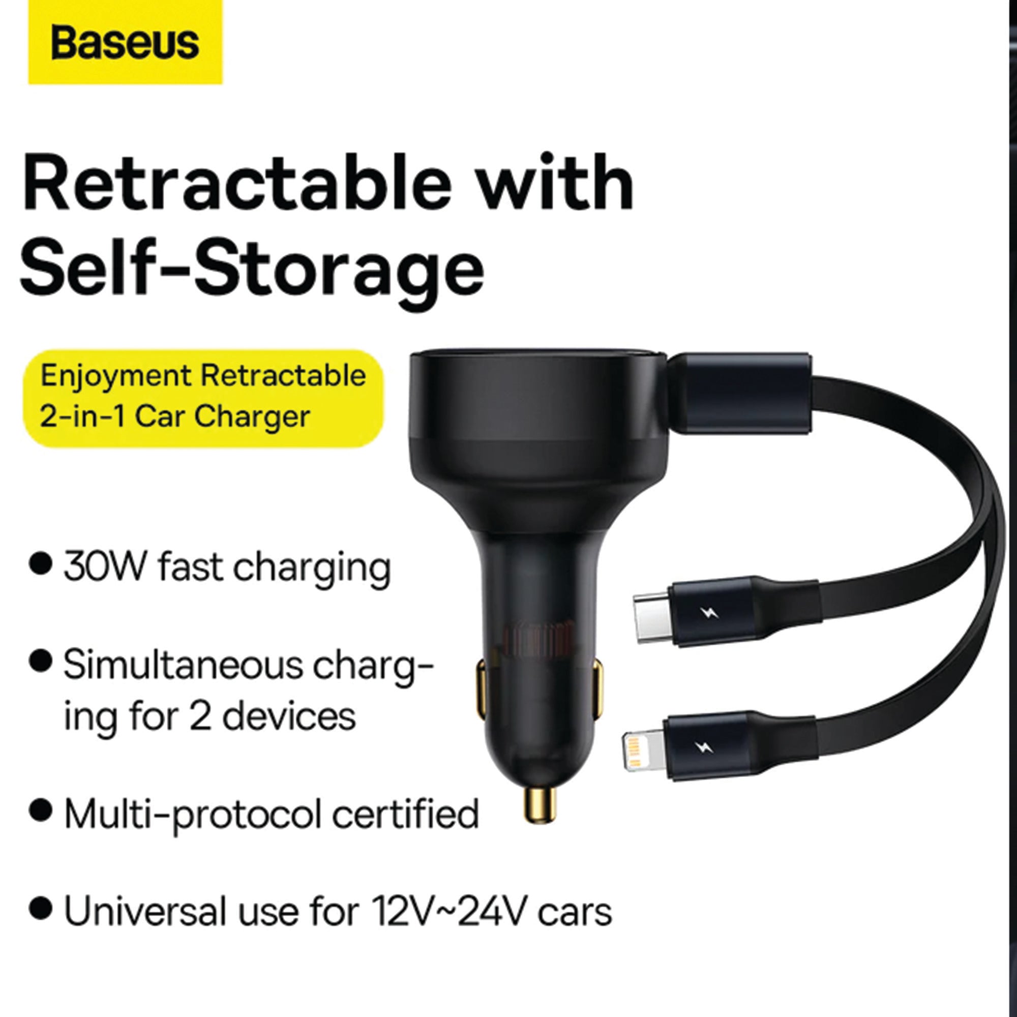 Baseus Enjoyment Pro 60W Car Charger Retractable C & iP Cable