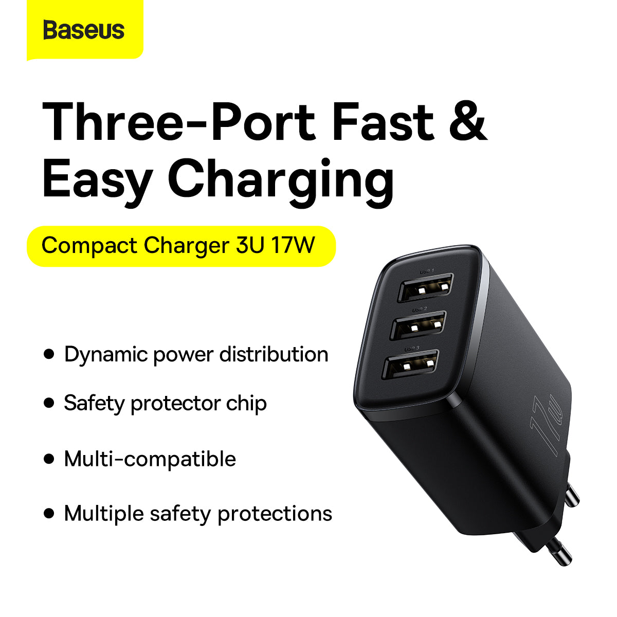 Baseus Compact Series Fast Charger 3 USB 17W EU Black