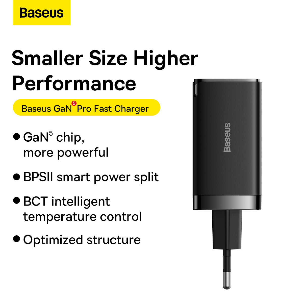 Baseus GaN5 Pro Fast Charger 2C+U 65W EU Adapter - Black
