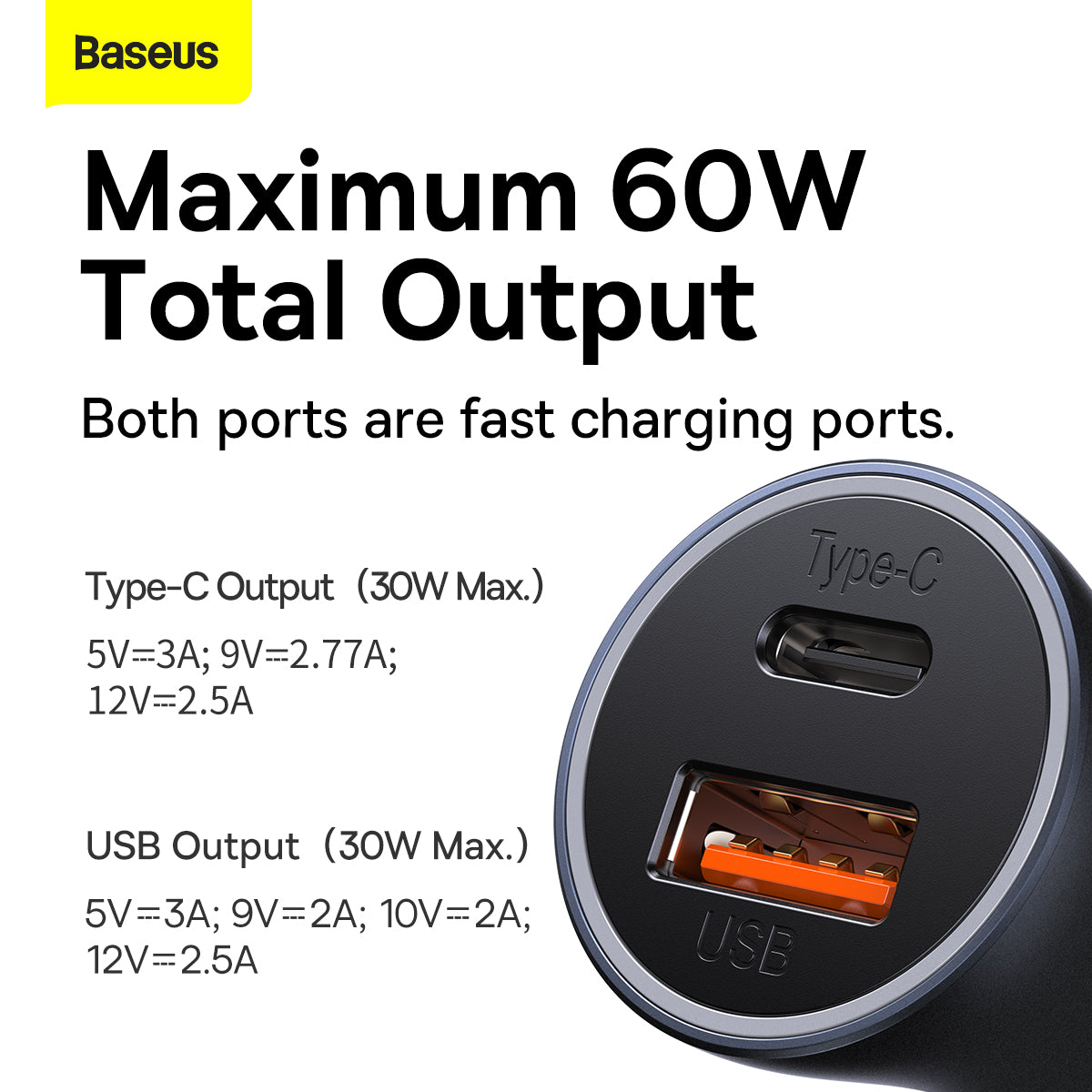 Baseus Golden Contactor Max Dual Fast Car Charger USB and Type-C 60W Black