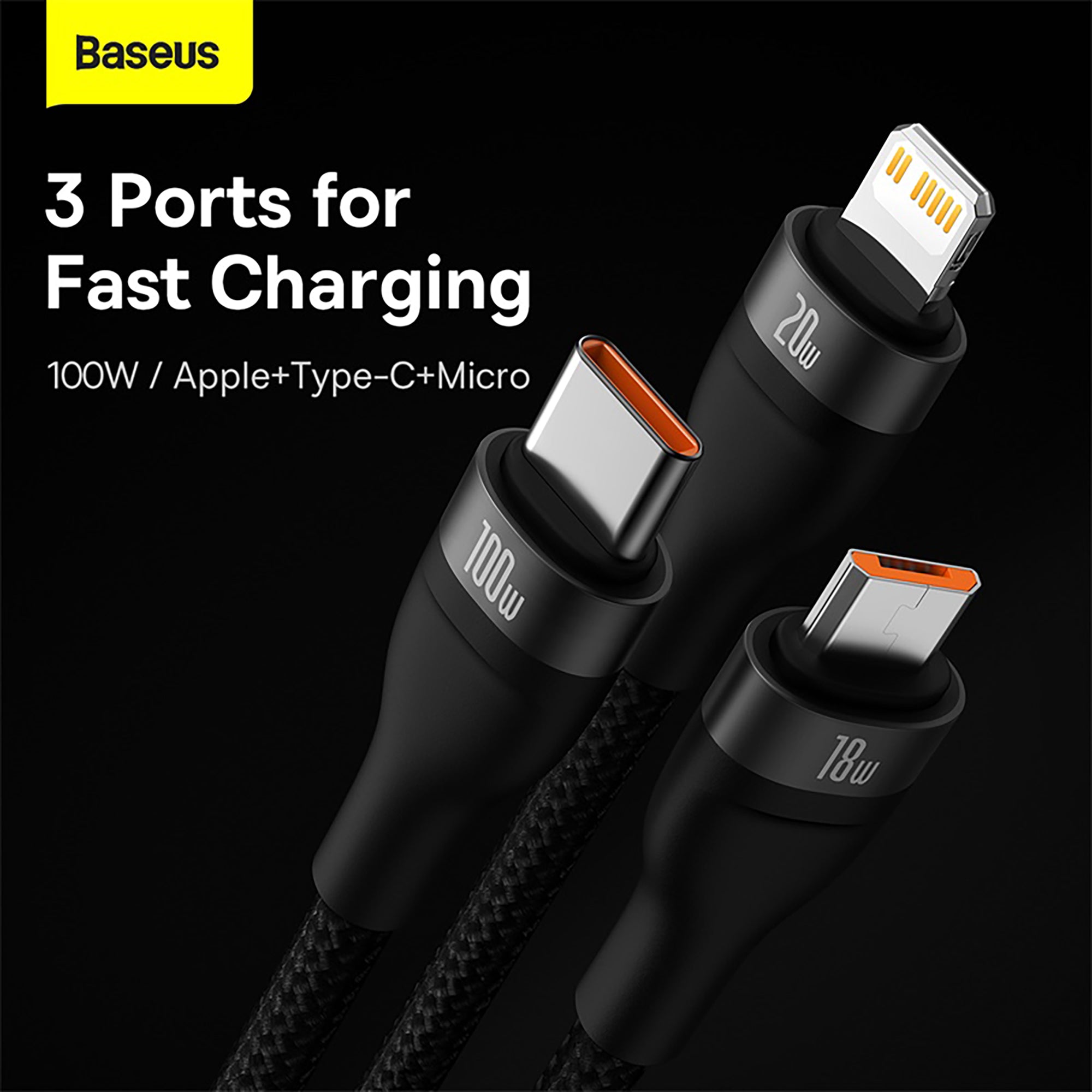 Baseus charging cable with three ports on a black background