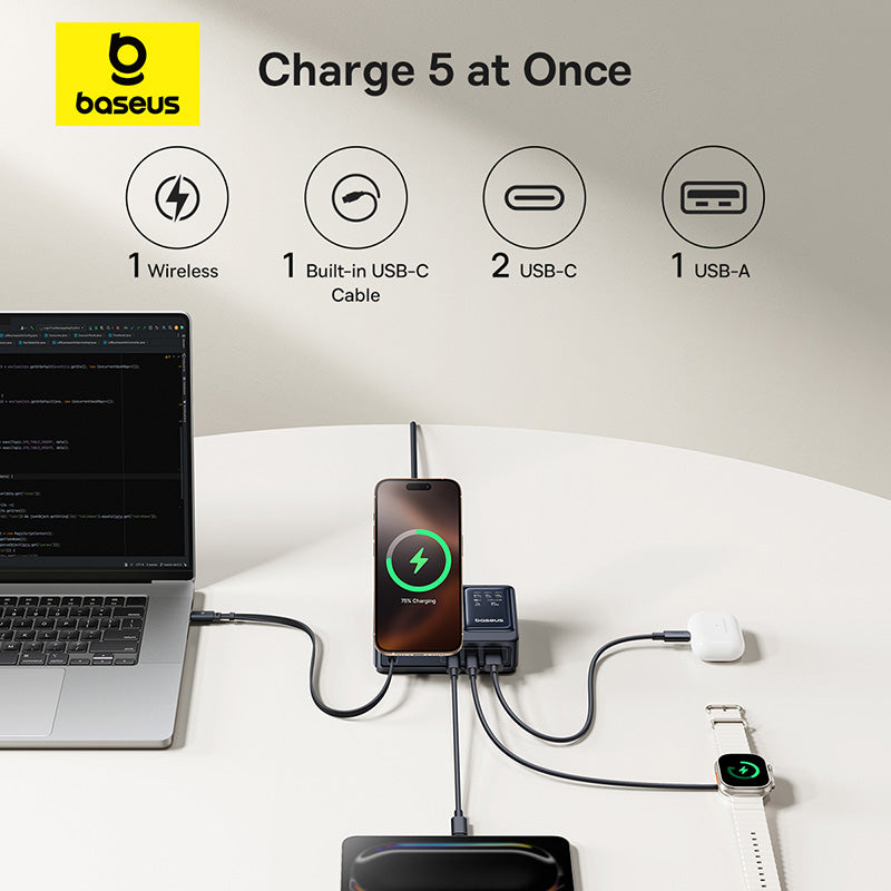 Baseus charging station with multiple devices connected on a white surface, featuring the Baseus logo.