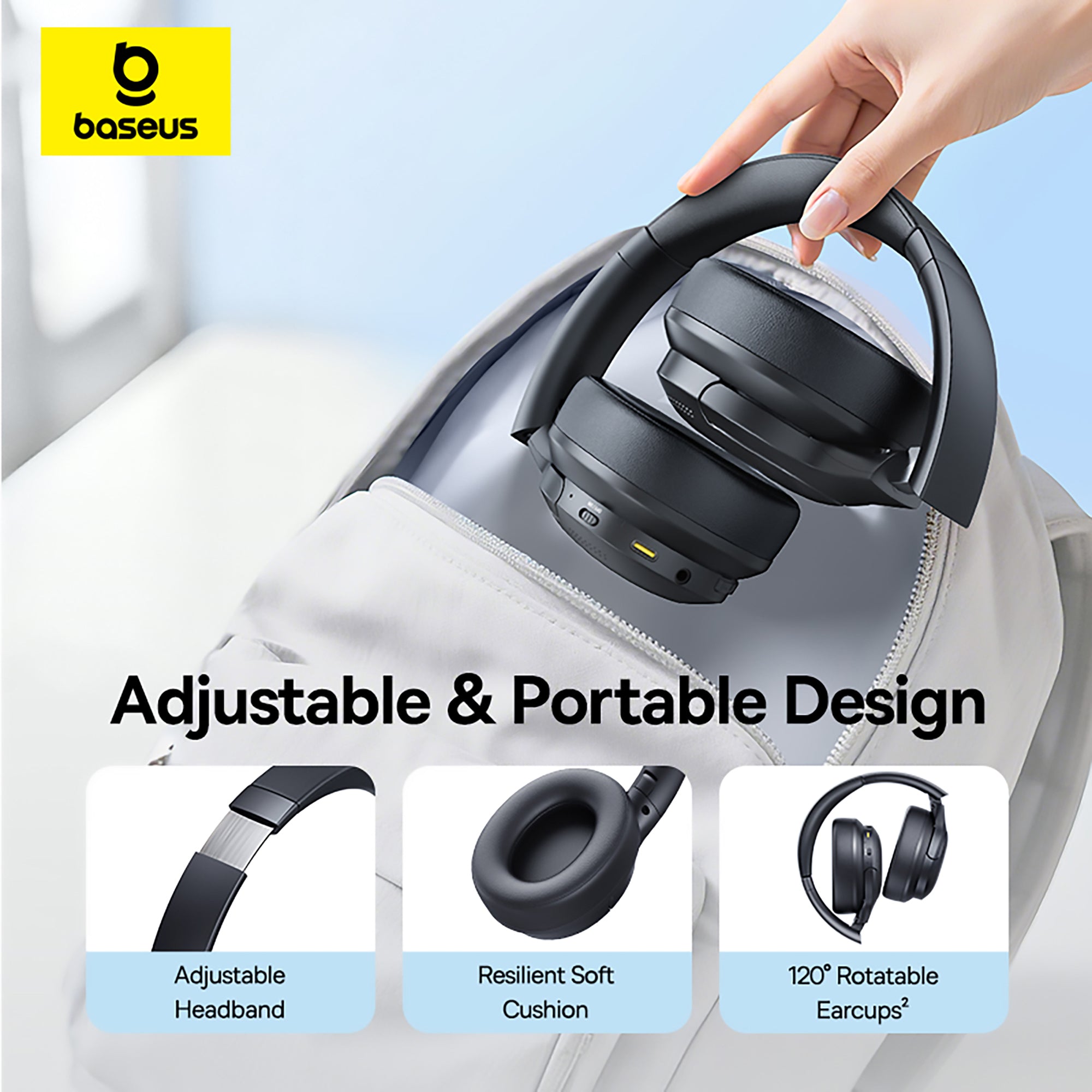 Baseus headphones with adjustable and portable design features on a light blue background