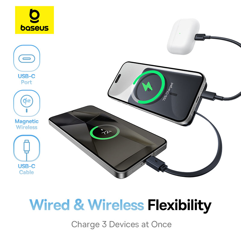 Baseus charging device with smartphone, mouse, and cable on a white background