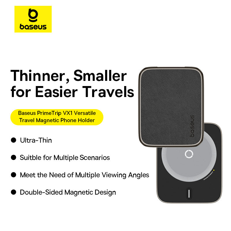 Baseus travel magnetic phone holder with features listed on a white background