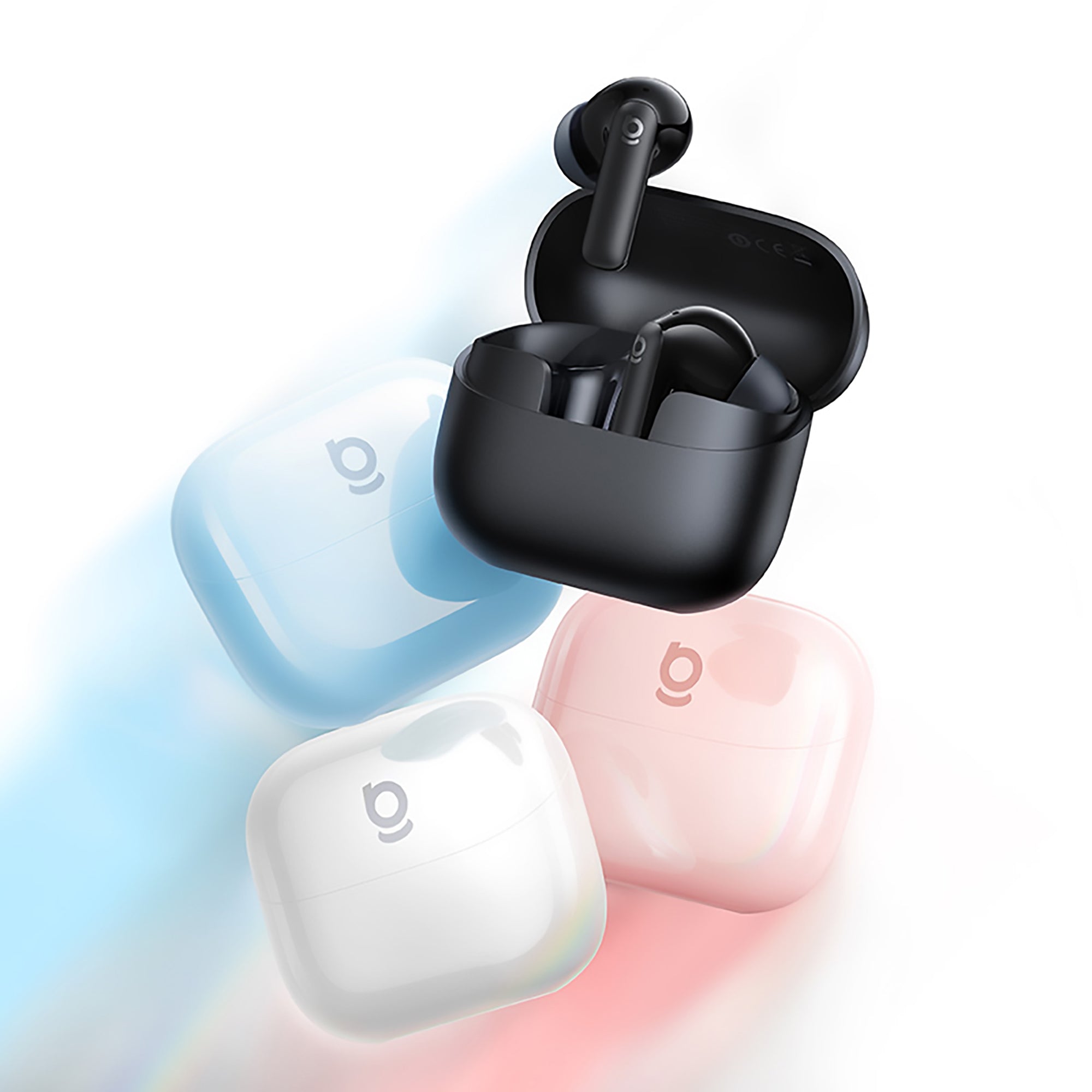 Black and white wireless earbuds with charging case on a gradient background