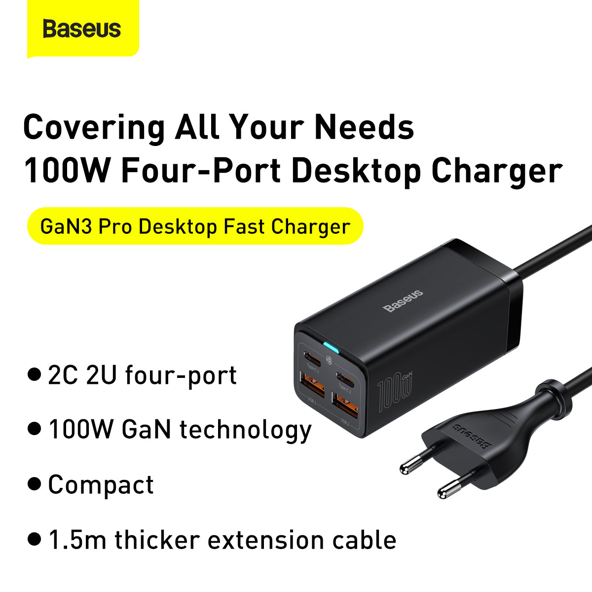 Baseus GaN3 Pro Desktop Fast Charger 2 USB-Type C + 2 USB-A 100W - EU
