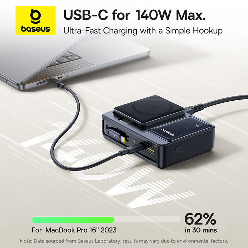 Baseus USB-C charger with laptop on a light background